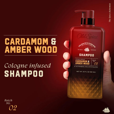 Old Spice Men's Shampoo, The Spice Alchemist Collection, Cologne-Infused Cardamom and Amber Wood Scent, Free of Parabens & Phthalates, 20.0 fl oz