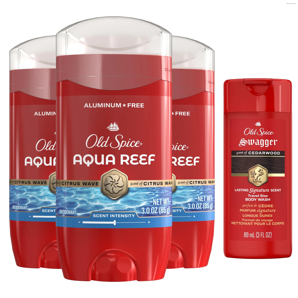 Old Spice Aluminum Free Deodorant for Men, 24/7 Odor Protection, 24/7 Freshness & Lasting Scent, Aqua Reef with Cypress Scent, 3.0 oz with Travel Size Swagger Body Wash (Pack of 4)