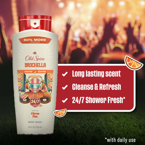 Old Spice Body Wash for Men, Summerdudes, 24/7 Shower Fresh with Daily Use, Long Lasting Scent, Cleanse & Refresh Skin, VIP Festival Experience, Brochella with Citrus Fizz Scent, 24 oz