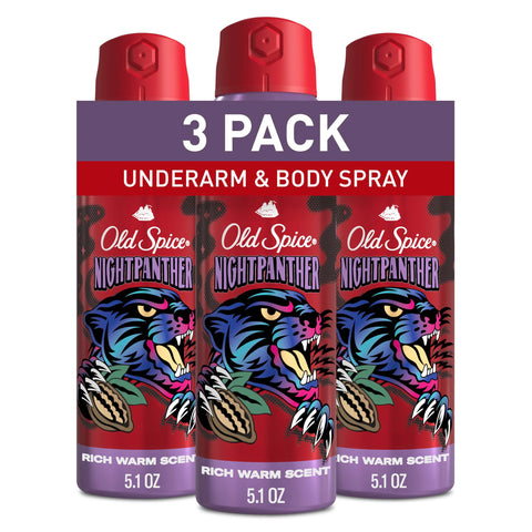 Old Spice Aluminum Free Body Spray for Men, 24/7 Odor Protection, 24/7 Lasting Fragnance & Freshness, Cologne Quality Scent, Nightpanther with Rich Warm Scent, 5.1 oz (Pack of 3)