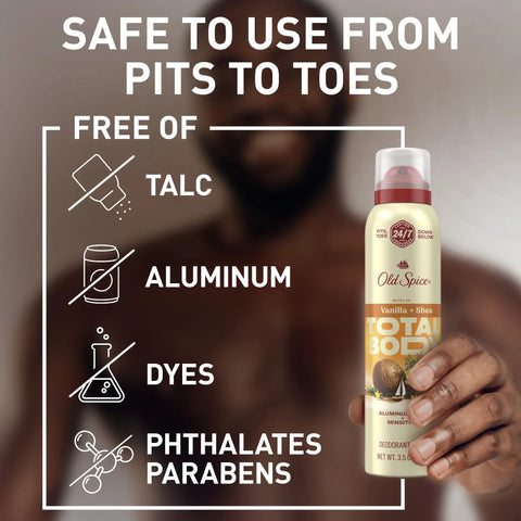 Old Spice Whole Body Deodorant Spray for Men, Aluminum Free, Vanilla + Shea Scent, 24/7 Odor Protection, 24/7 Lasting Freshness, Dermatologist Tested, Gentle on Skin, Safe to Use All Over, 3.5 oz