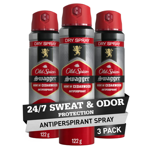 Old Spice Dry Spray Antiperspirant Deodorant for Men, 24/7 Sweat & Odor Protection, 24/7 Sweat Defense & Lasting Freshness, Swagger with Cedarwood Scent, 4.3 oz (Pack of 3)