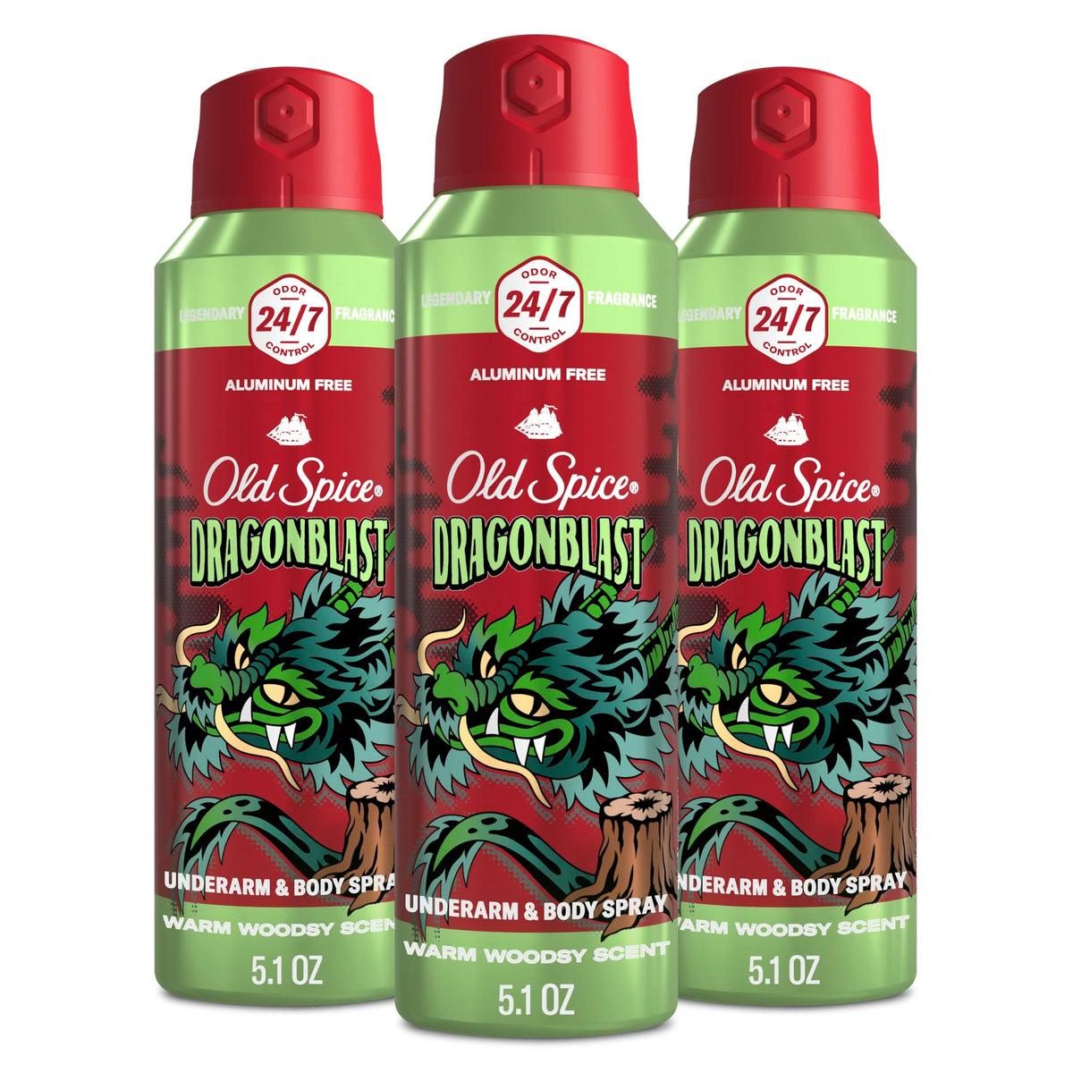 Old Spice Aluminum Free Body Spray for Men, 24/7 Odor Protection, 24/7 Lasting Fragnance & Freshness, Cologne Quality Scent, Dragonblast with Warm Woodsy Scent, 5.1 oz (Pack of 3)